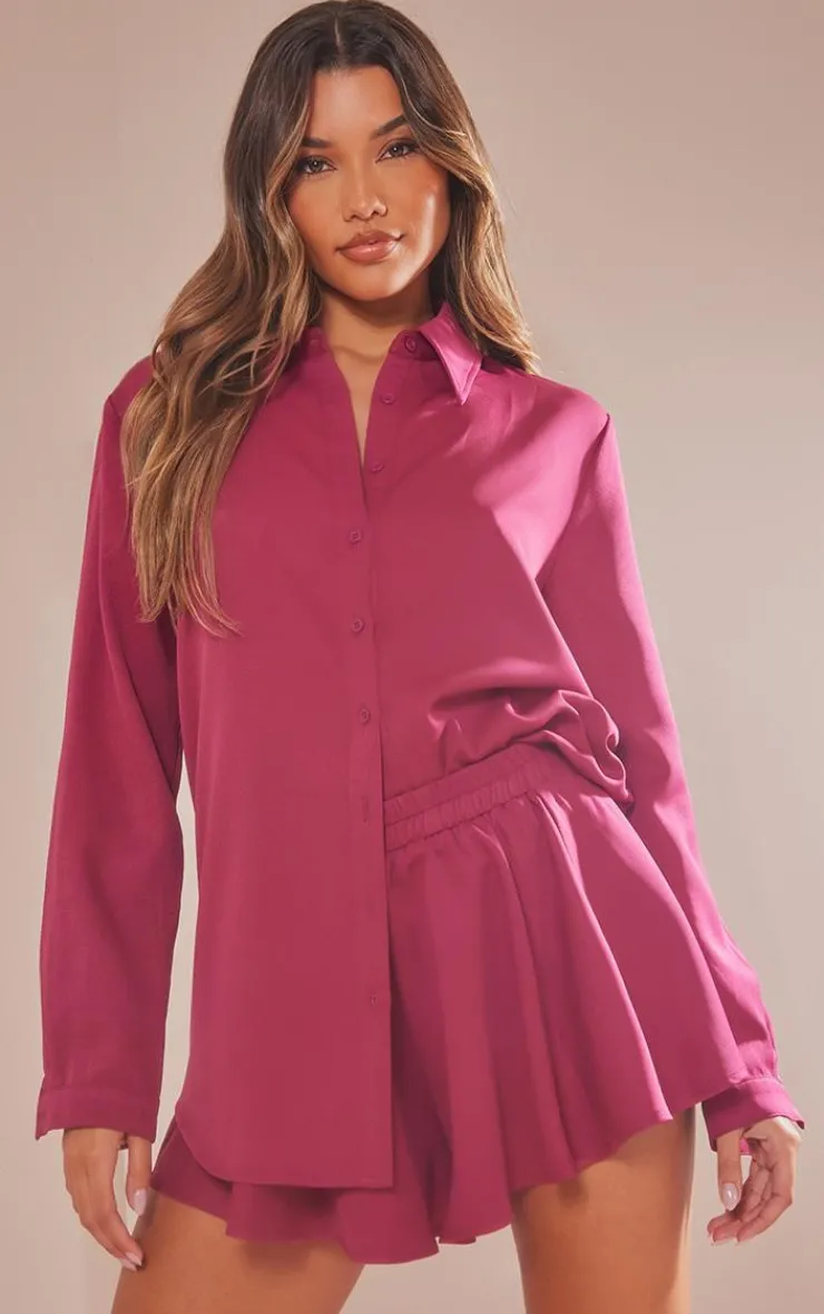 Online PrettyLittleThing Long Sleeve Oversized Shirt Plum