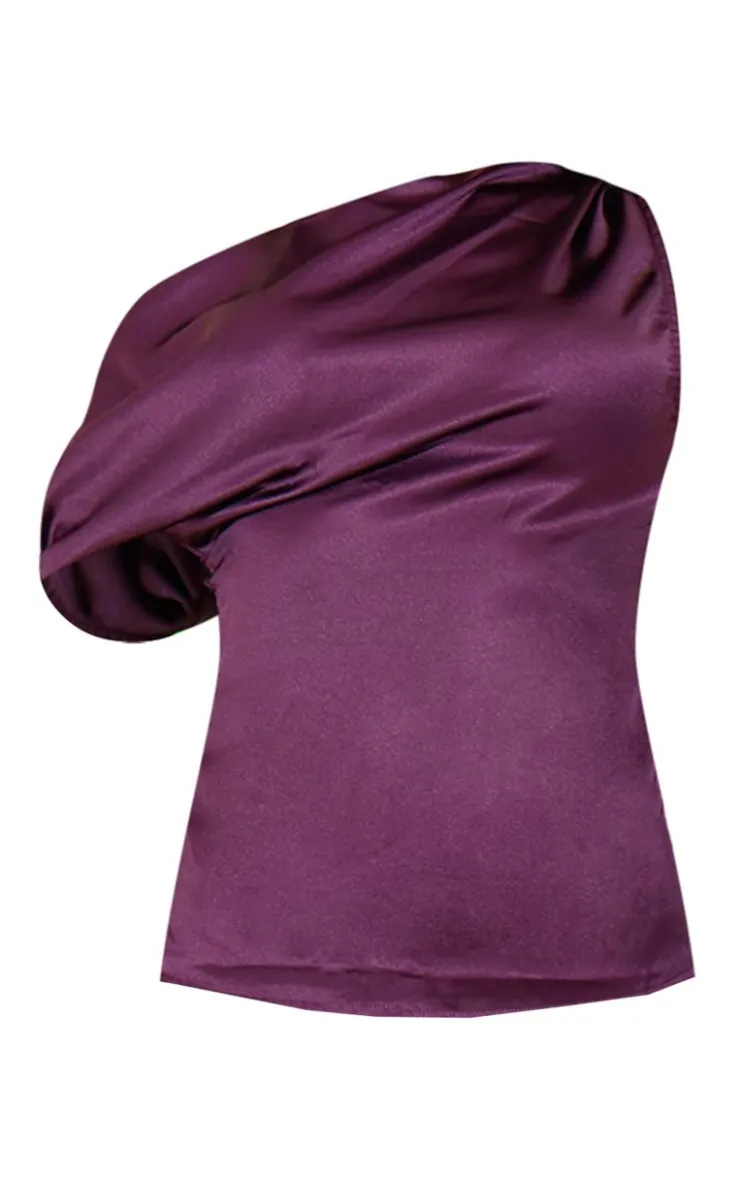 Sale PrettyLittleThing Satin Asymmetric One Shoulder Long Top Plum