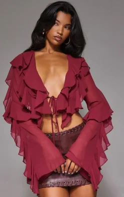 PrettyLittleThing Blouses*Sheer Woven Ruffle Tie Crop Blouse
