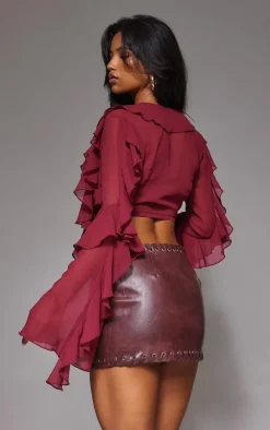 PrettyLittleThing Blouses*Sheer Woven Ruffle Tie Crop Blouse