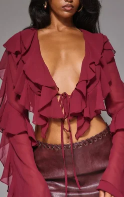 PrettyLittleThing Blouses*Sheer Woven Ruffle Tie Crop Blouse