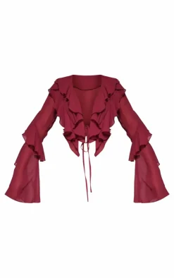 PrettyLittleThing Blouses*Sheer Woven Ruffle Tie Crop Blouse