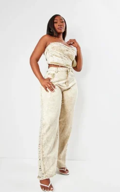 Best PrettyLittleThing Plus Extreme Fraying Detail Cropped Denim Corset Top Acid Yellow