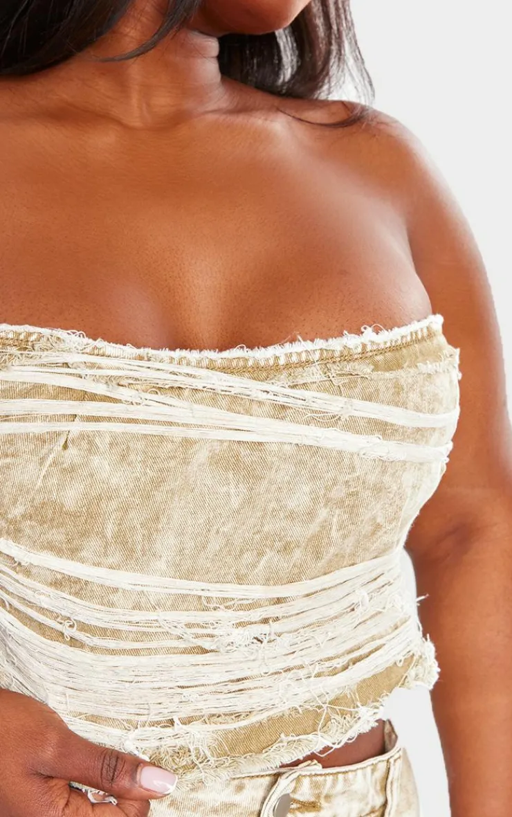 Best PrettyLittleThing Plus Extreme Fraying Detail Cropped Denim Corset Top Acid Yellow