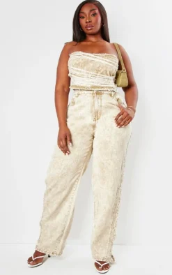 Online PrettyLittleThing Plus Extreme Fraying Detail Wide Leg Denim Jeans Acid Yellow