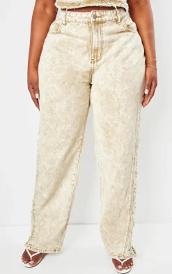 Online PrettyLittleThing Plus Extreme Fraying Detail Wide Leg Denim Jeans Acid Yellow