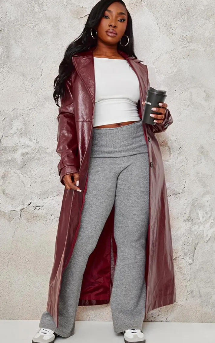 Plus Ash Grey Melange Soft Knit Foldover Waist Flared Pants