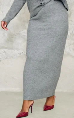 Discount PrettyLittleThing Plus Melange Soft Knit Maxi Skirt Ash Grey