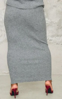 Discount PrettyLittleThing Plus Melange Soft Knit Maxi Skirt Ash Grey
