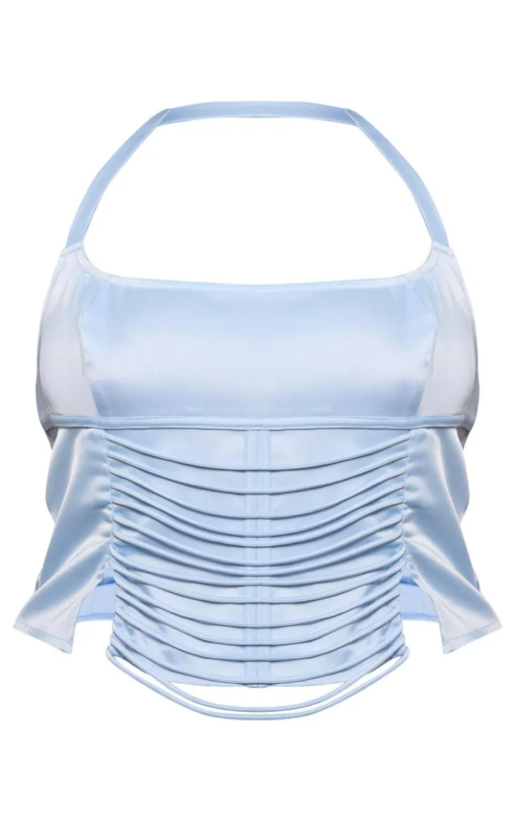 New PrettyLittleThing Plus Satin Lace Up Front Detail Halterneck Top Baby Blue
