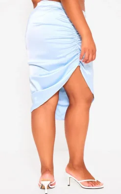 PrettyLittleThing Plus Satin Ruched Asymmetric Mini Skirt Baby Blue