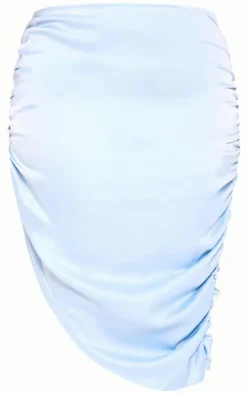 PrettyLittleThing Plus Satin Ruched Asymmetric Mini Skirt Baby Blue