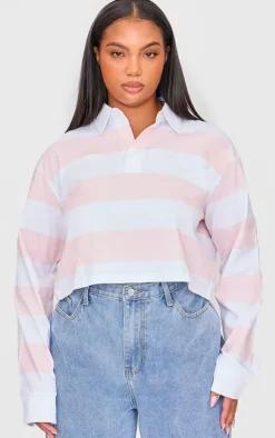 PrettyLittleThing T-Shirts*Plus Chunky Striped Collared Cropped Long Sleeve Top