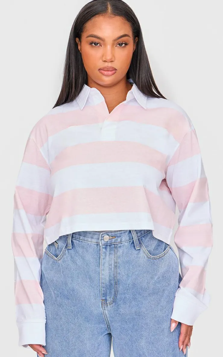 PrettyLittleThing T-Shirts*Plus Chunky Striped Collared Cropped Long Sleeve Top