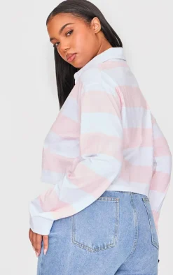 PrettyLittleThing T-Shirts*Plus Chunky Striped Collared Cropped Long Sleeve Top