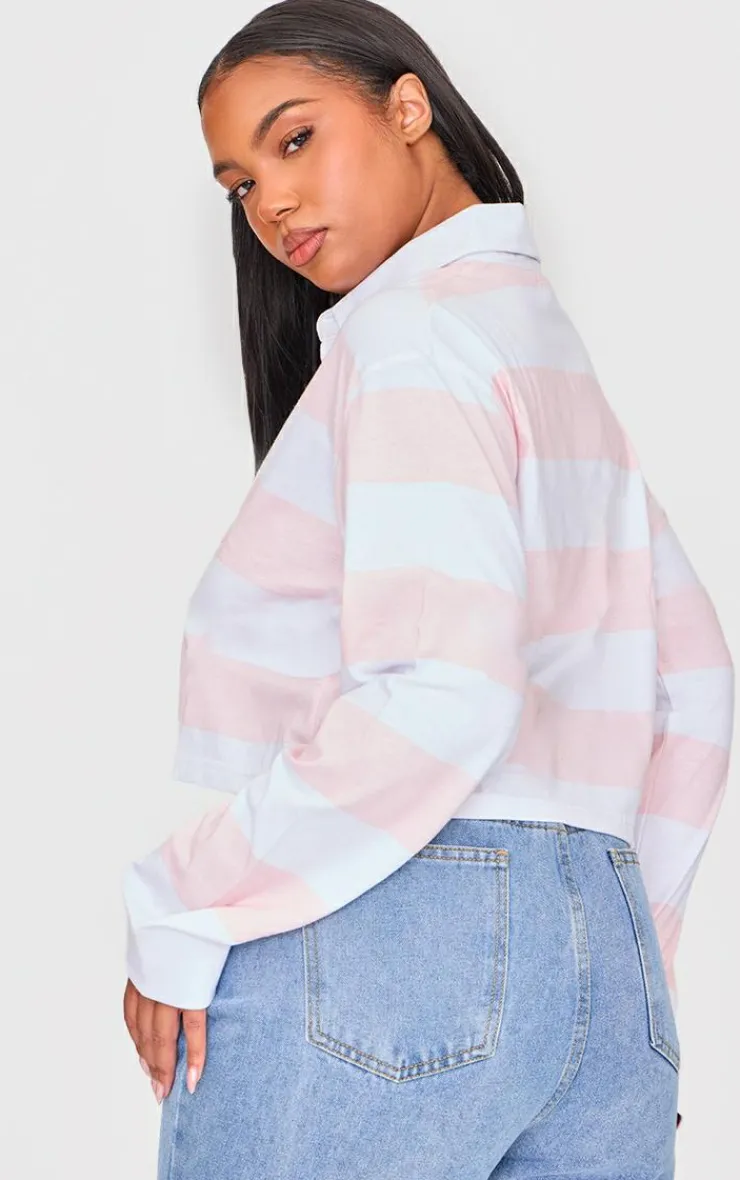 PrettyLittleThing T-Shirts*Plus Chunky Striped Collared Cropped Long Sleeve Top