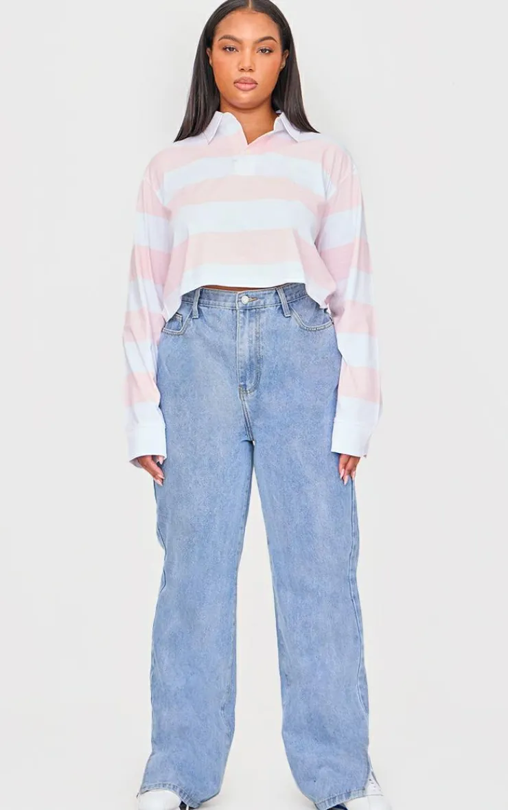 PrettyLittleThing T-Shirts*Plus Chunky Striped Collared Cropped Long Sleeve Top