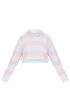 PrettyLittleThing T-Shirts*Plus Chunky Striped Collared Cropped Long Sleeve Top
