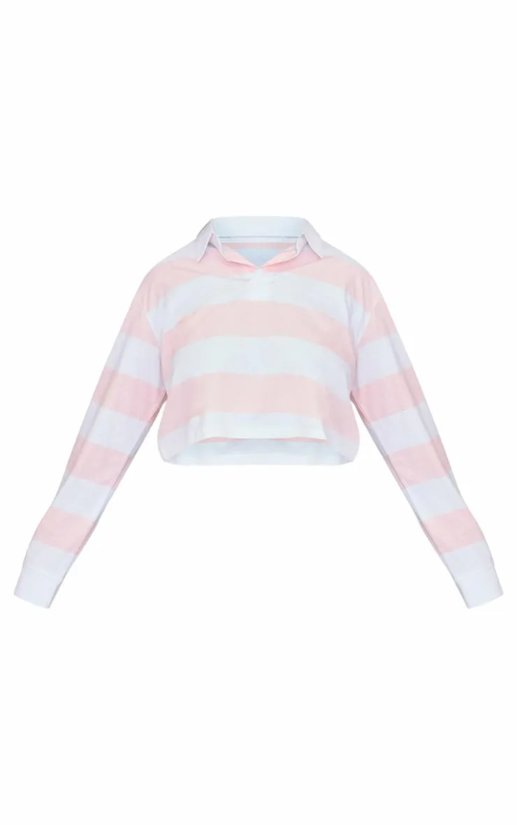 PrettyLittleThing T-Shirts*Plus Chunky Striped Collared Cropped Long Sleeve Top