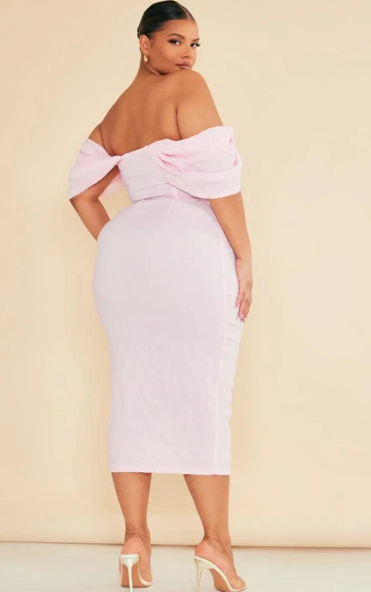 Plus Textured Bardot Midi Dress-PrettyLittleThing