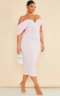 Plus Textured Bardot Midi Dress-PrettyLittleThing