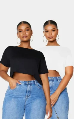 PrettyLittleThing T-Shirts*Plus Basic & White 2 Pack Roll Sleeve Crop T Shirt