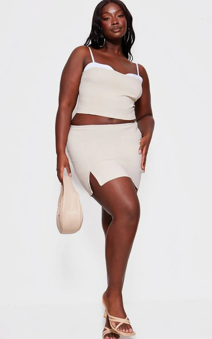 Online PrettyLittleThing Plus Bengaline Lace Trim Mini Skirt Beige
