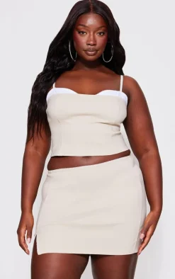Online PrettyLittleThing Plus Bengaline Lace Trim Mini Skirt Beige