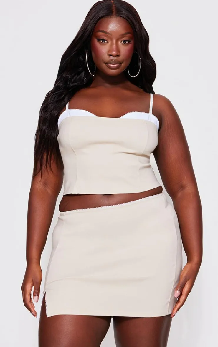 Online PrettyLittleThing Plus Bengaline Lace Trim Mini Skirt Beige