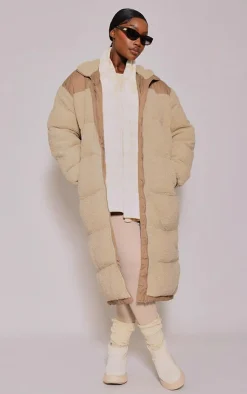 PrettyLittleThing Puffer Jackets*Plus Contrast Borg Maxi Puffer Coat