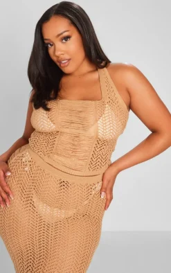 Best PrettyLittleThing Plus Distressed Knit Halter Neck Crop Top Beige