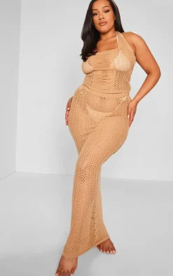 Best PrettyLittleThing Plus Distressed Knit Halter Neck Crop Top Beige
