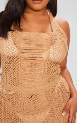 Best PrettyLittleThing Plus Distressed Knit Halter Neck Crop Top Beige