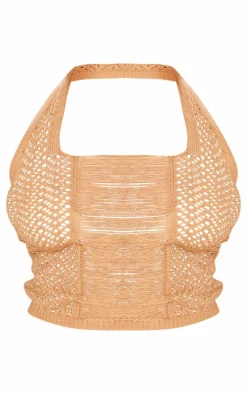 Best PrettyLittleThing Plus Distressed Knit Halter Neck Crop Top Beige