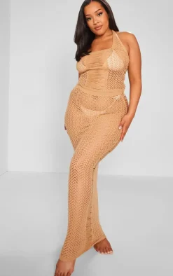 New PrettyLittleThing Plus Distressed Knit Maxi Skirt Beige