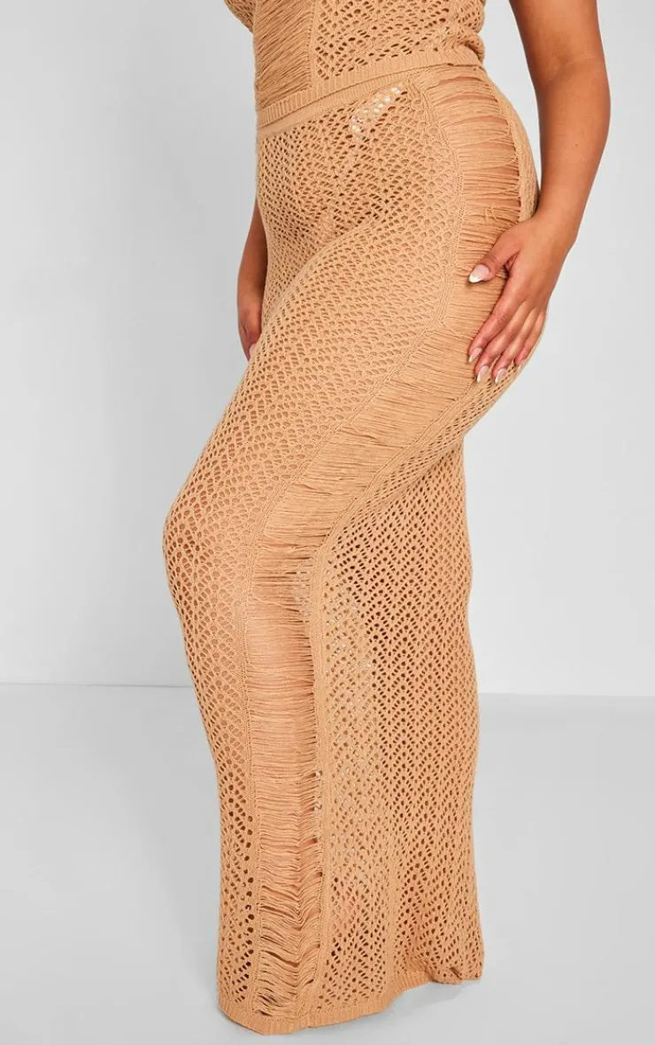 New PrettyLittleThing Plus Distressed Knit Maxi Skirt Beige