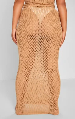 New PrettyLittleThing Plus Distressed Knit Maxi Skirt Beige