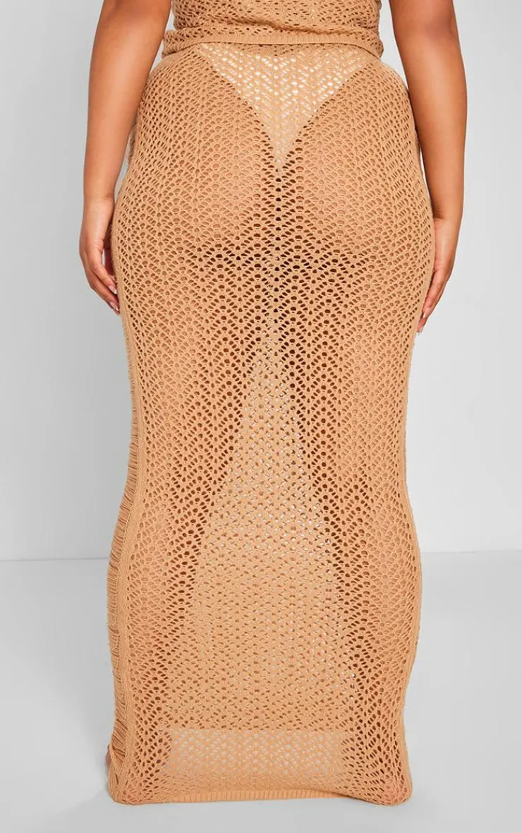 New PrettyLittleThing Plus Distressed Knit Maxi Skirt Beige