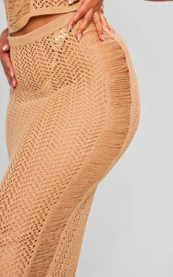New PrettyLittleThing Plus Distressed Knit Maxi Skirt Beige