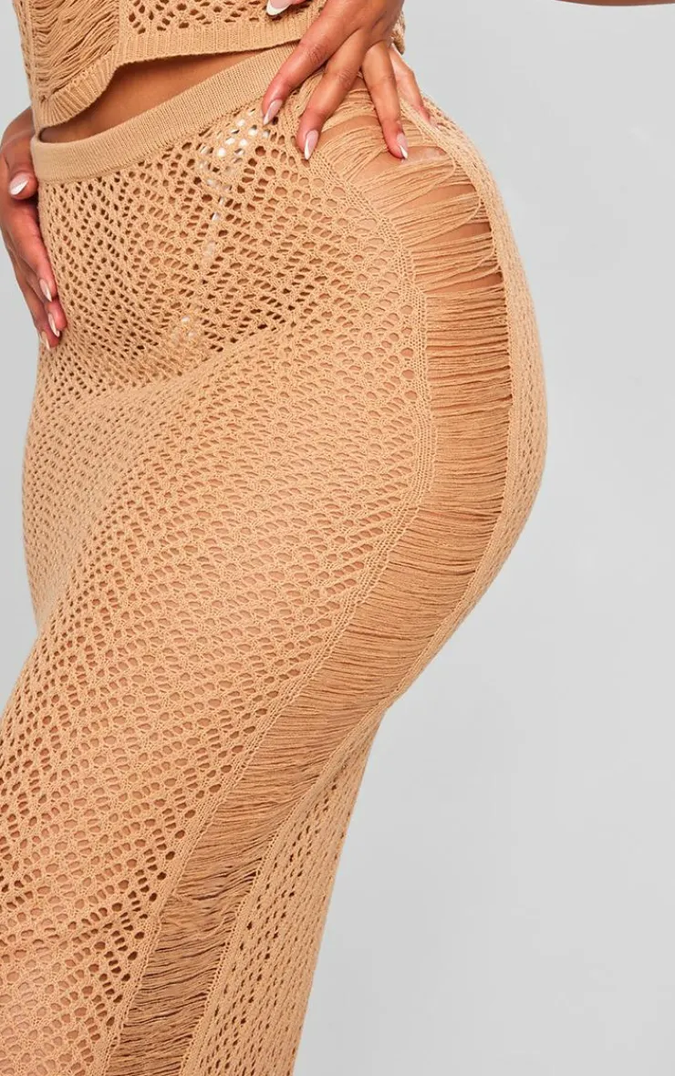 New PrettyLittleThing Plus Distressed Knit Maxi Skirt Beige