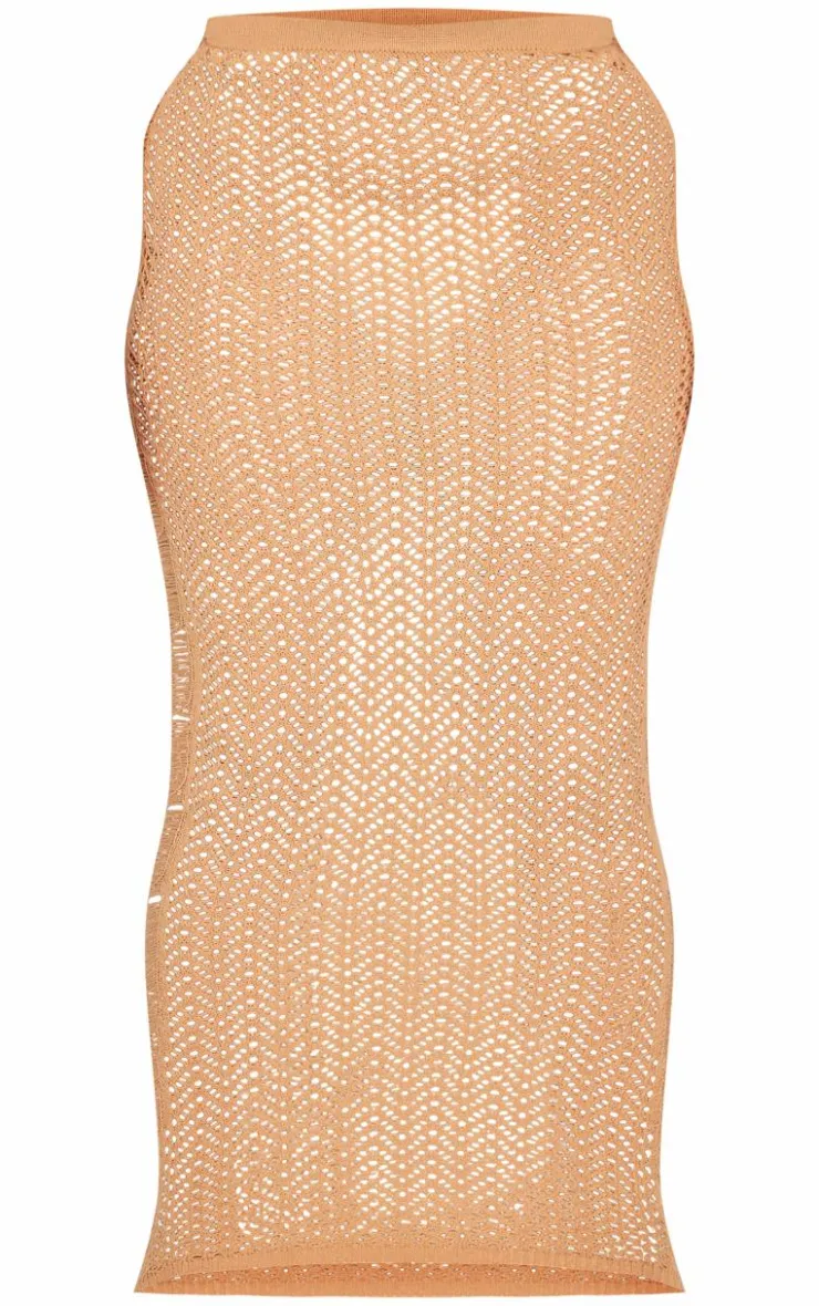 New PrettyLittleThing Plus Distressed Knit Maxi Skirt Beige