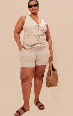 New PrettyLittleThing Plus Linen Look Striped Tailored Floaty Shorts Beige