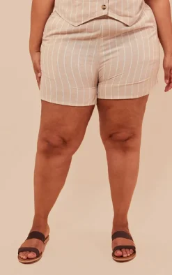 New PrettyLittleThing Plus Linen Look Striped Tailored Floaty Shorts Beige