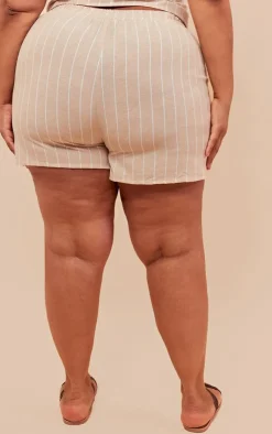 New PrettyLittleThing Plus Linen Look Striped Tailored Floaty Shorts Beige