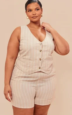 New PrettyLittleThing Plus Linen Look Striped Tailored Floaty Shorts Beige