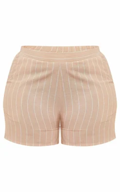 New PrettyLittleThing Plus Linen Look Striped Tailored Floaty Shorts Beige
