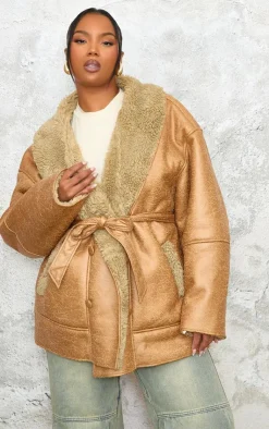 PrettyLittleThing Winter Coats & Jackets*Plus Washed Borg Trim Belted Jacket