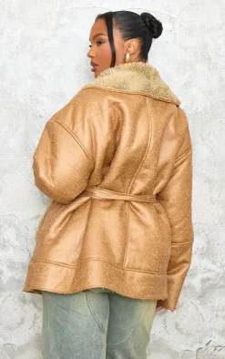PrettyLittleThing Winter Coats & Jackets*Plus Washed Borg Trim Belted Jacket