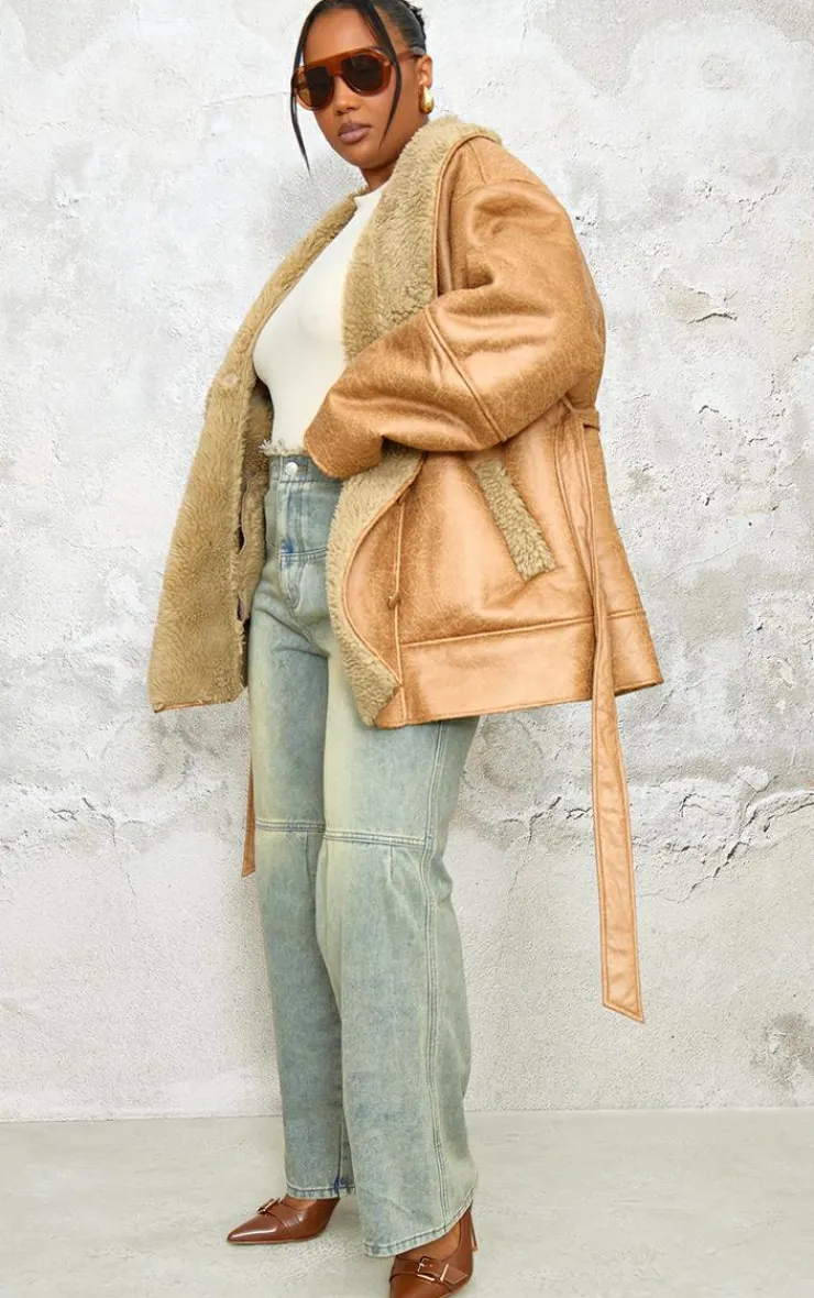PrettyLittleThing Winter Coats & Jackets*Plus Washed Borg Trim Belted Jacket