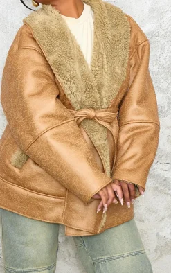 PrettyLittleThing Winter Coats & Jackets*Plus Washed Borg Trim Belted Jacket